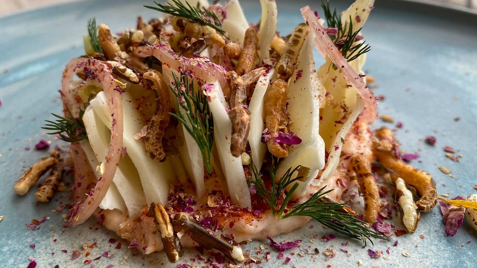 chou vert, kimchi, des échalotes marinées, du riz frit et de la rose sauvage sur un tarama d’œufs de carpe. 