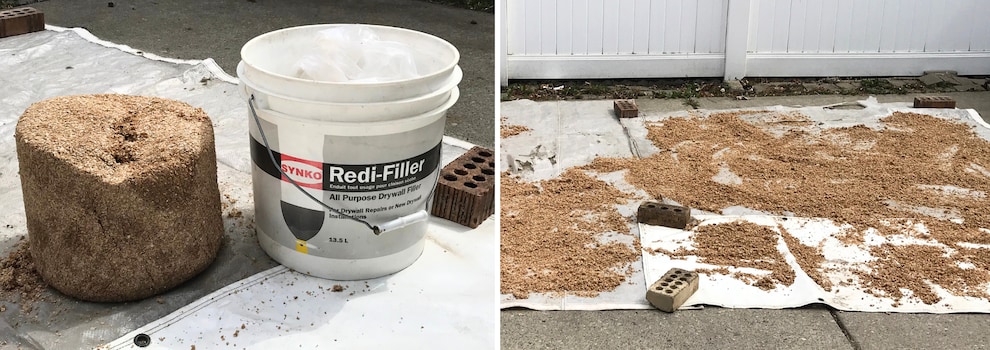 A set of two photos, one showing the Black Bokashi Activator next to a bucket and the other showing the Activator drying on a tarp,