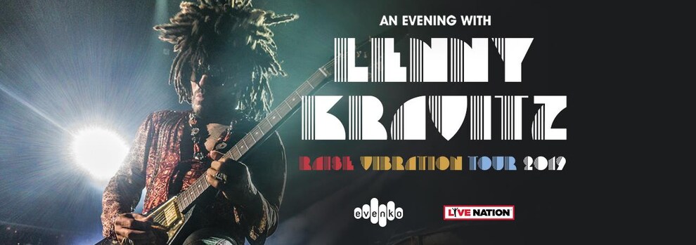 Affiche de la tournée 2019 de Lenny Kraviyz : lui avec sa guitare et son nom