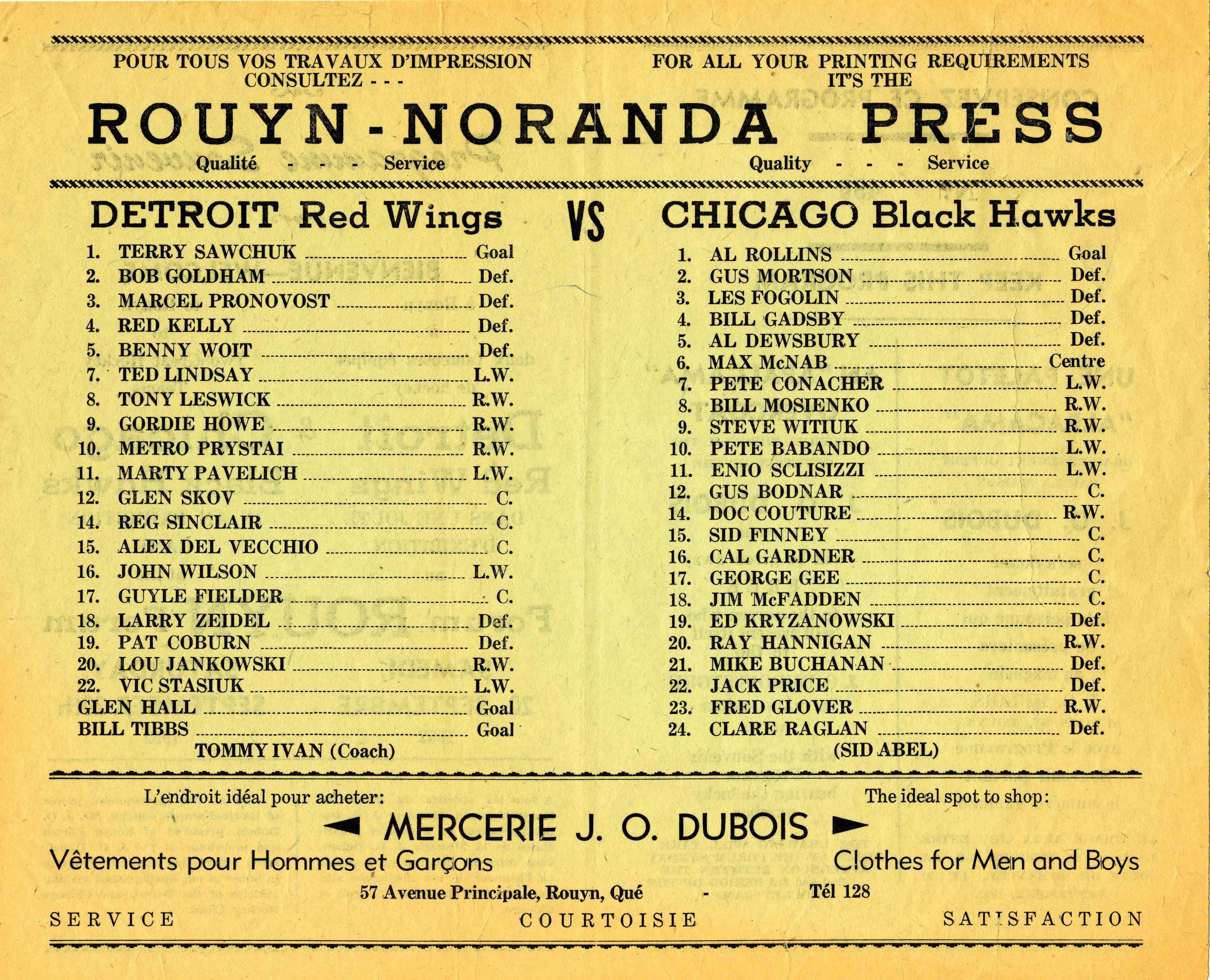 Le programme présentant le match des Red Wings de Détroit contre les Blackhawks de Chicago au Forum de Rouyn.