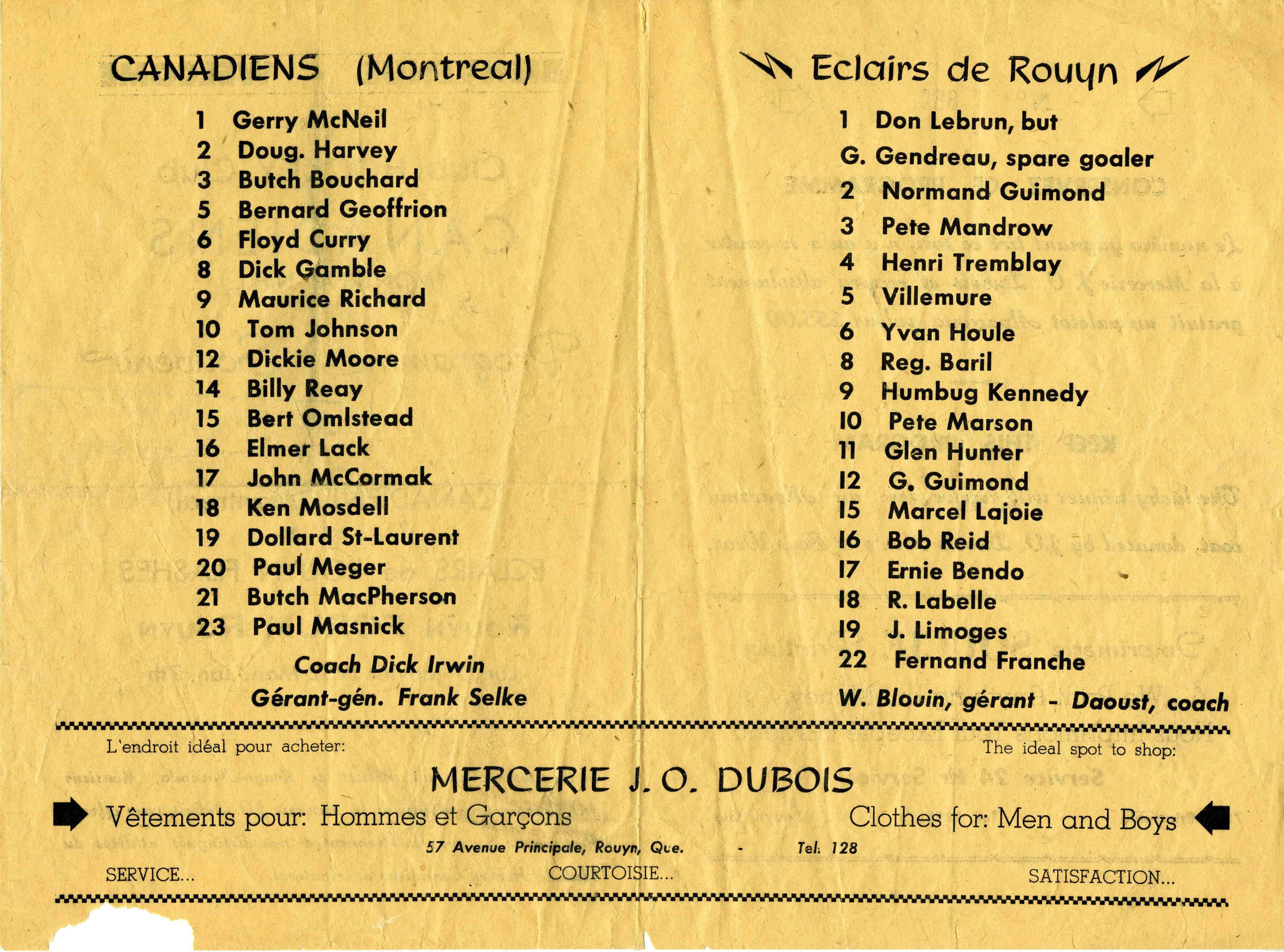 Le programme de la partie entre les Canadiens de Montréal et les Éclairs de Rouyn.