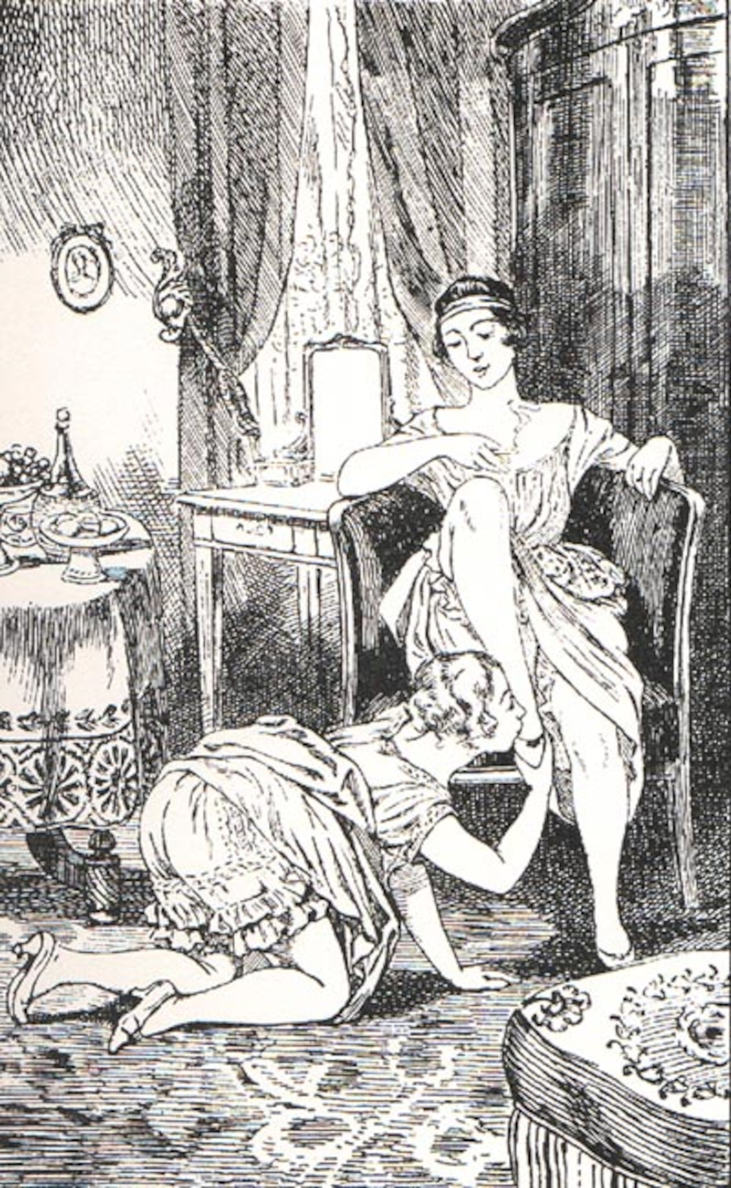 Un dessin en noir et blanc datant des années 1920 montre une femme à genoux en train d'embrasser le pied d'une femme assise.