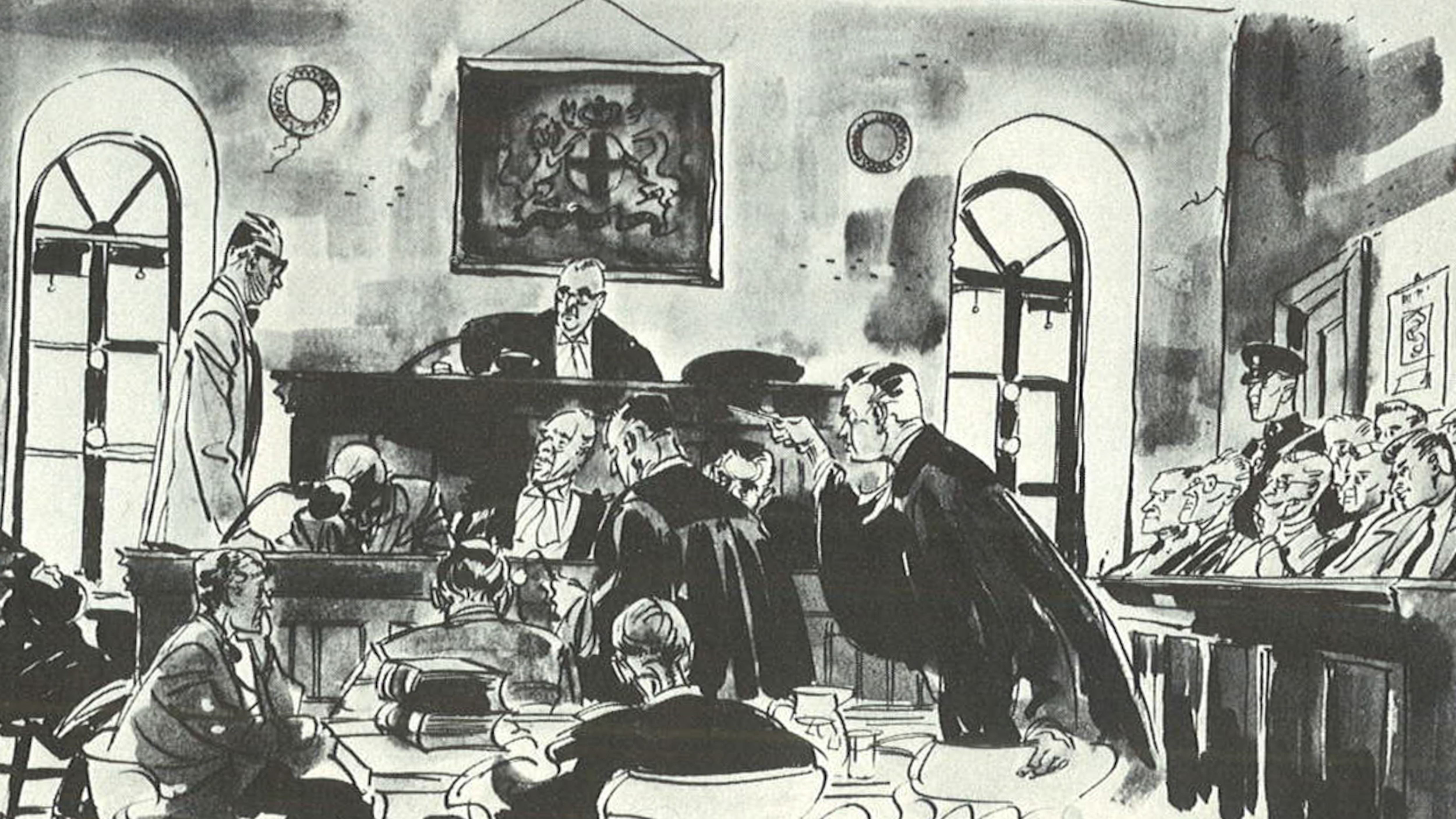 Illustration montrant un avocat qui interroge Wilbert Coffin lors de son procès à Percé, en juillet 1954.