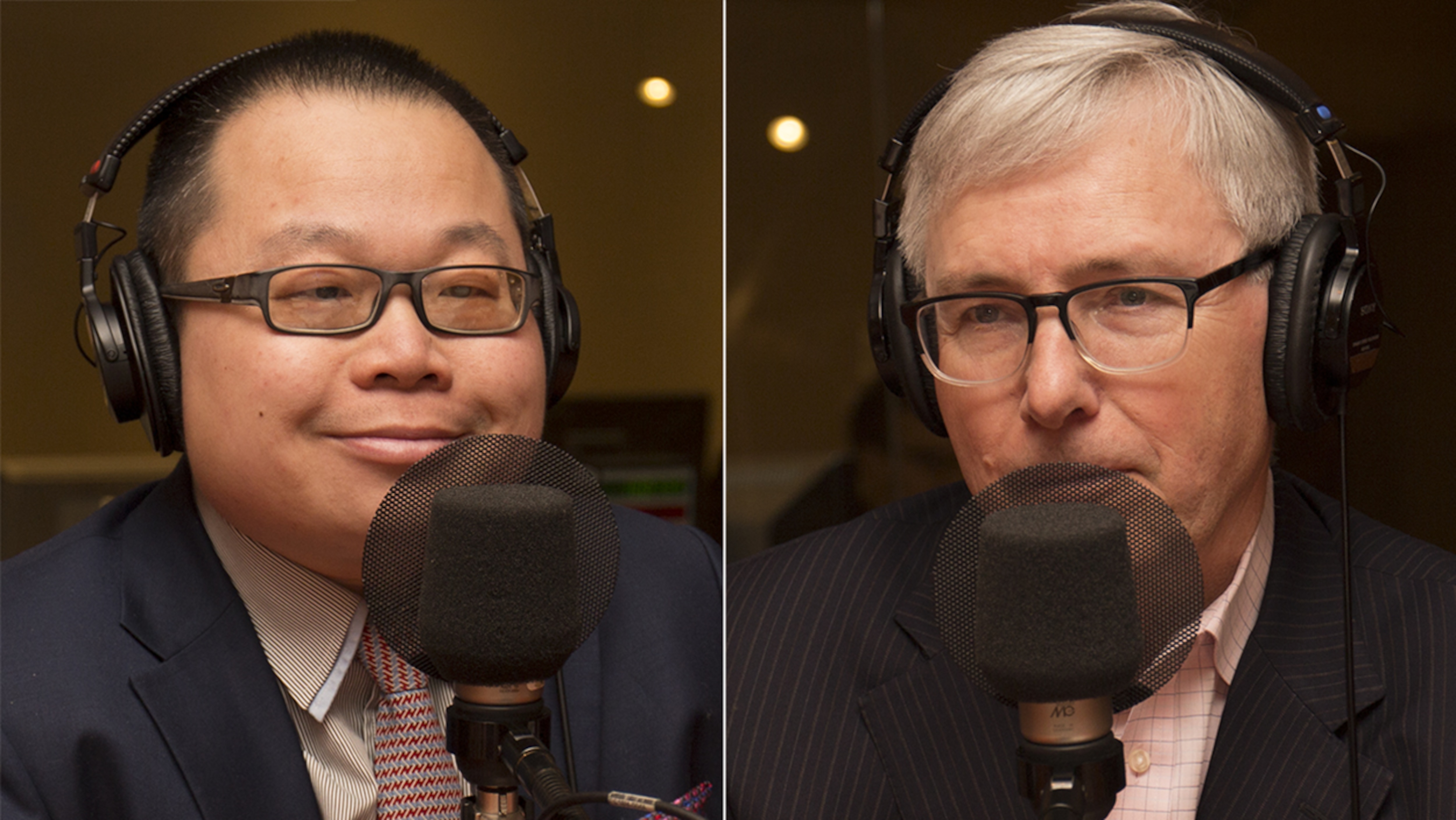 Winston Chan et Guy Saint-Jacques répondent aux questions de Catherine Perrin au studio 18 de Radio-Canada, le 9 avril 2018.