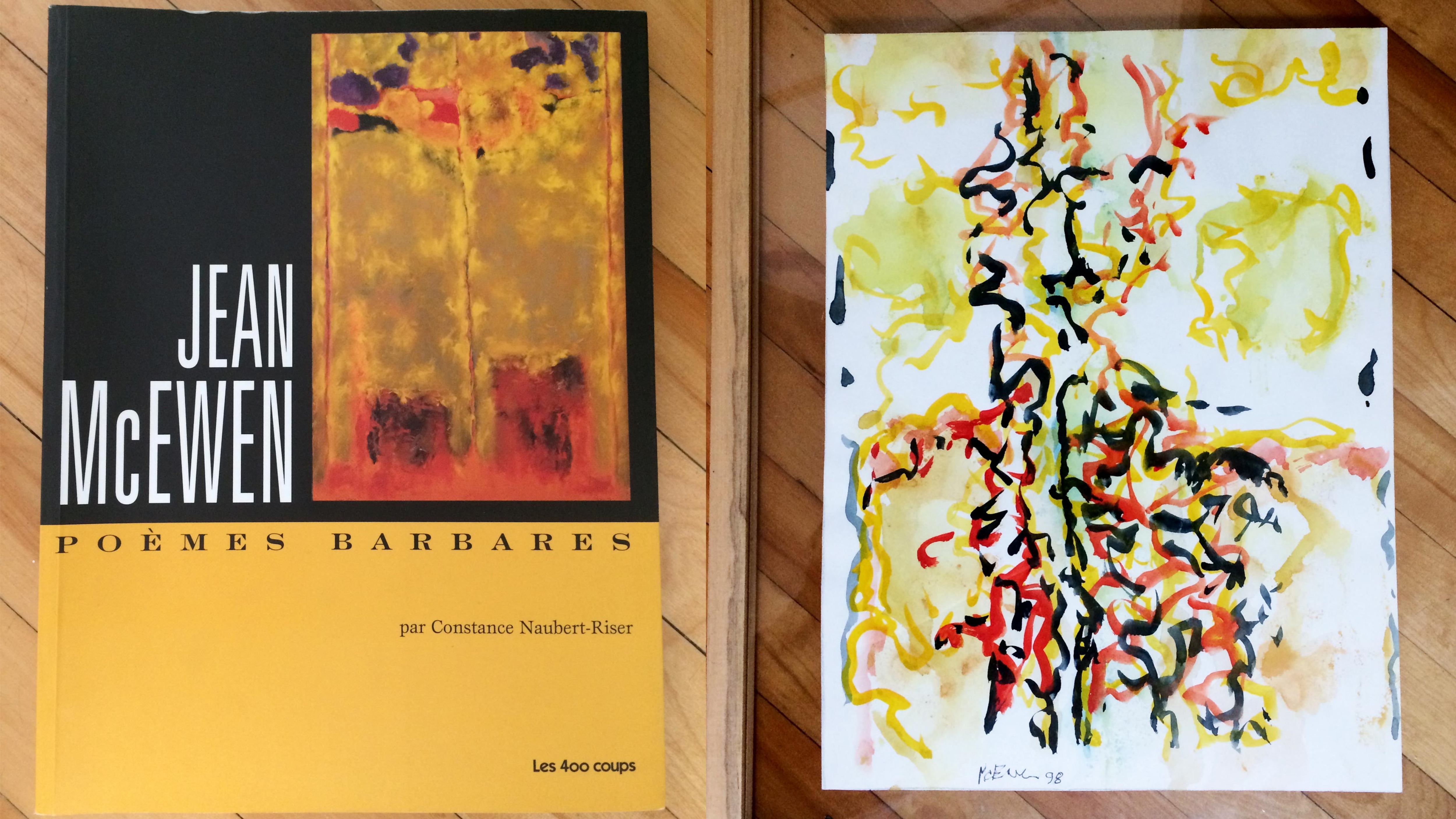 À gauche : la couverture du livre « Poèmes barbares » par Constance Naubert-Riser. À droite : l'aquarelle peinte par Jean McEwen pour son fils, Jérémie McEwen.  