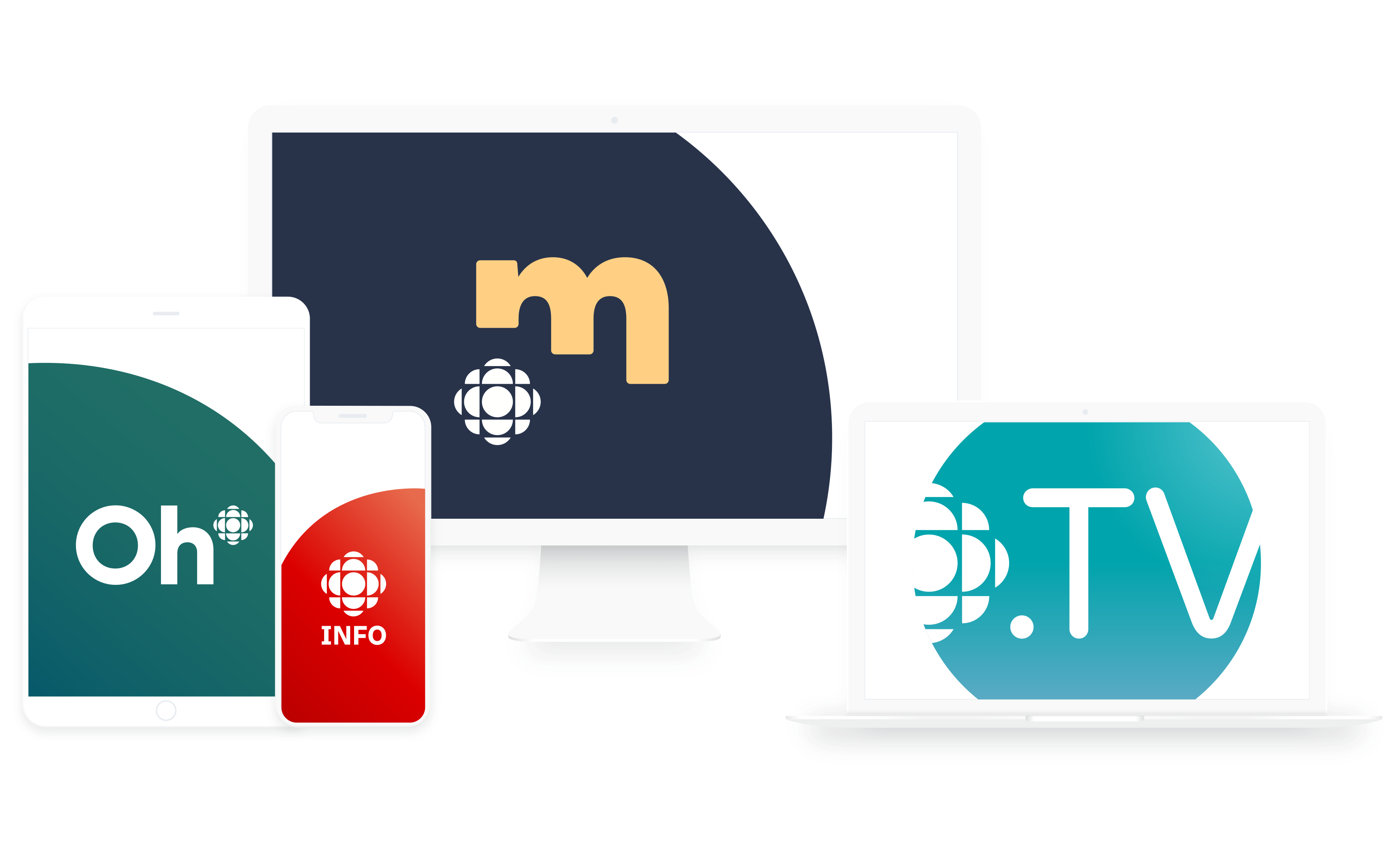 Cinq appareils différents affichant les produits de Radio-Canada suivants: Info, Rad, Mordu, Ohdio et Tou.tv.