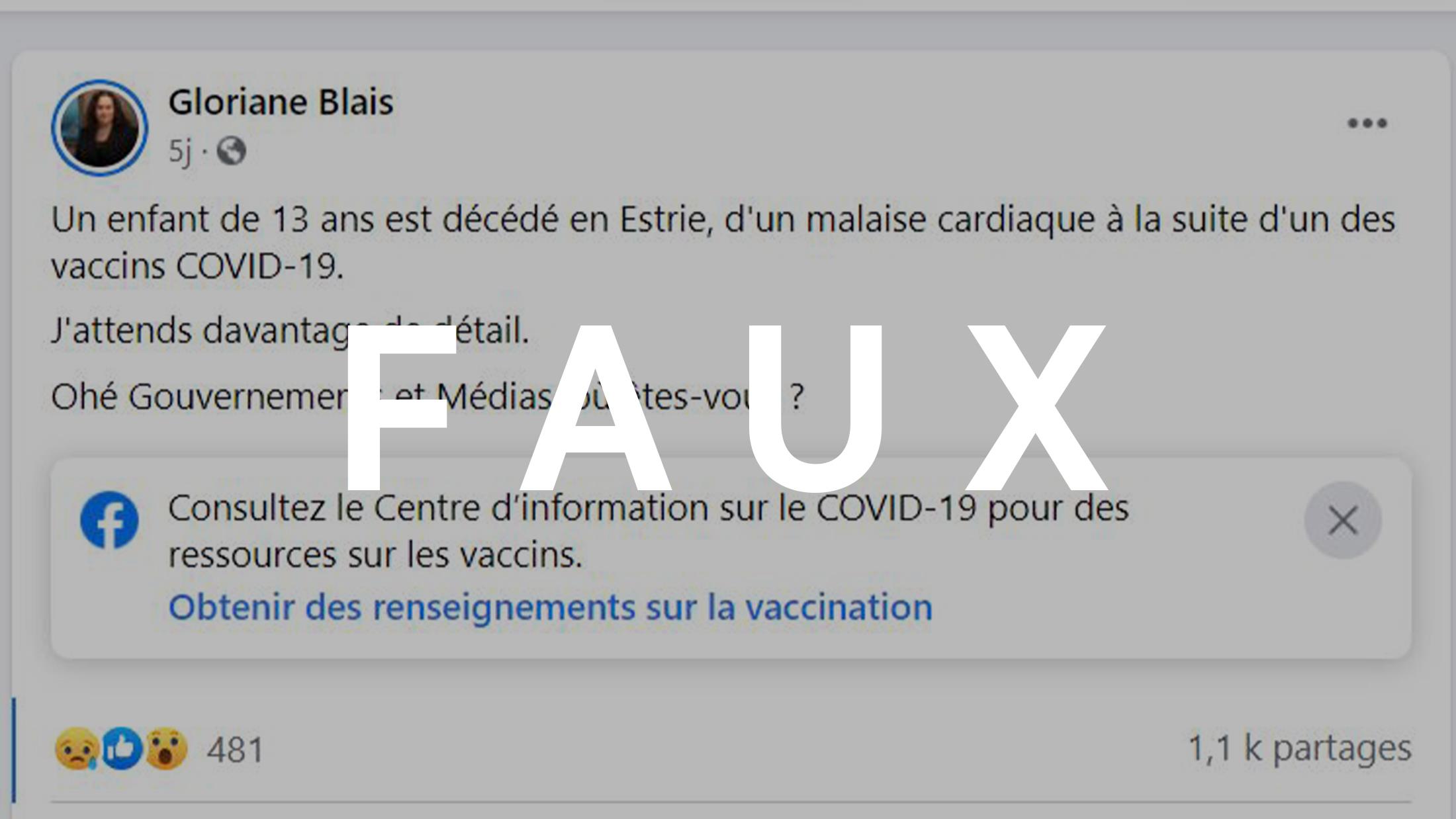Image accompanying Un jeune de 13 ans est mort du vaccin COVID-19 en Estrie