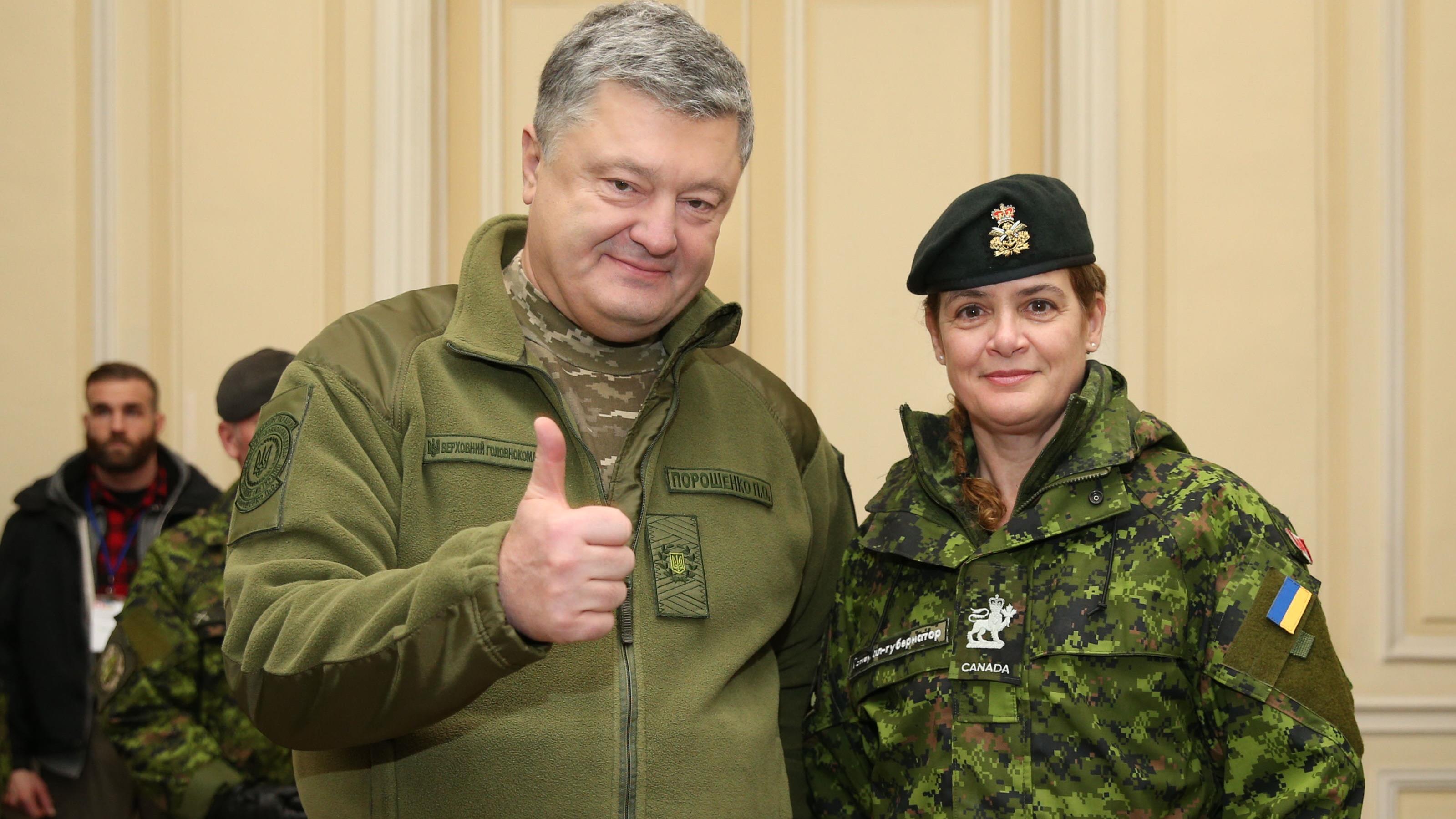 Canadian Gov. Gen. Julie Payette and Ukrainian President Petro Poroshenko pose for on Thursday, Jan. 18, 2018.