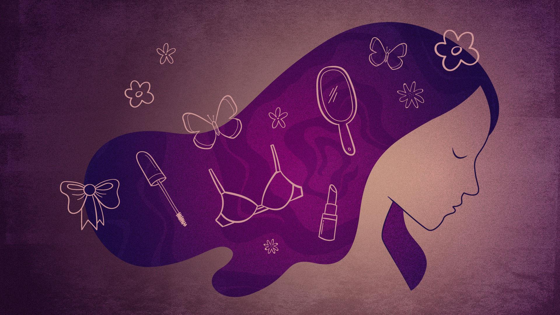 Illustration avec une silhouette de femme aux cheveux longs avec des objets féminins qui flottent