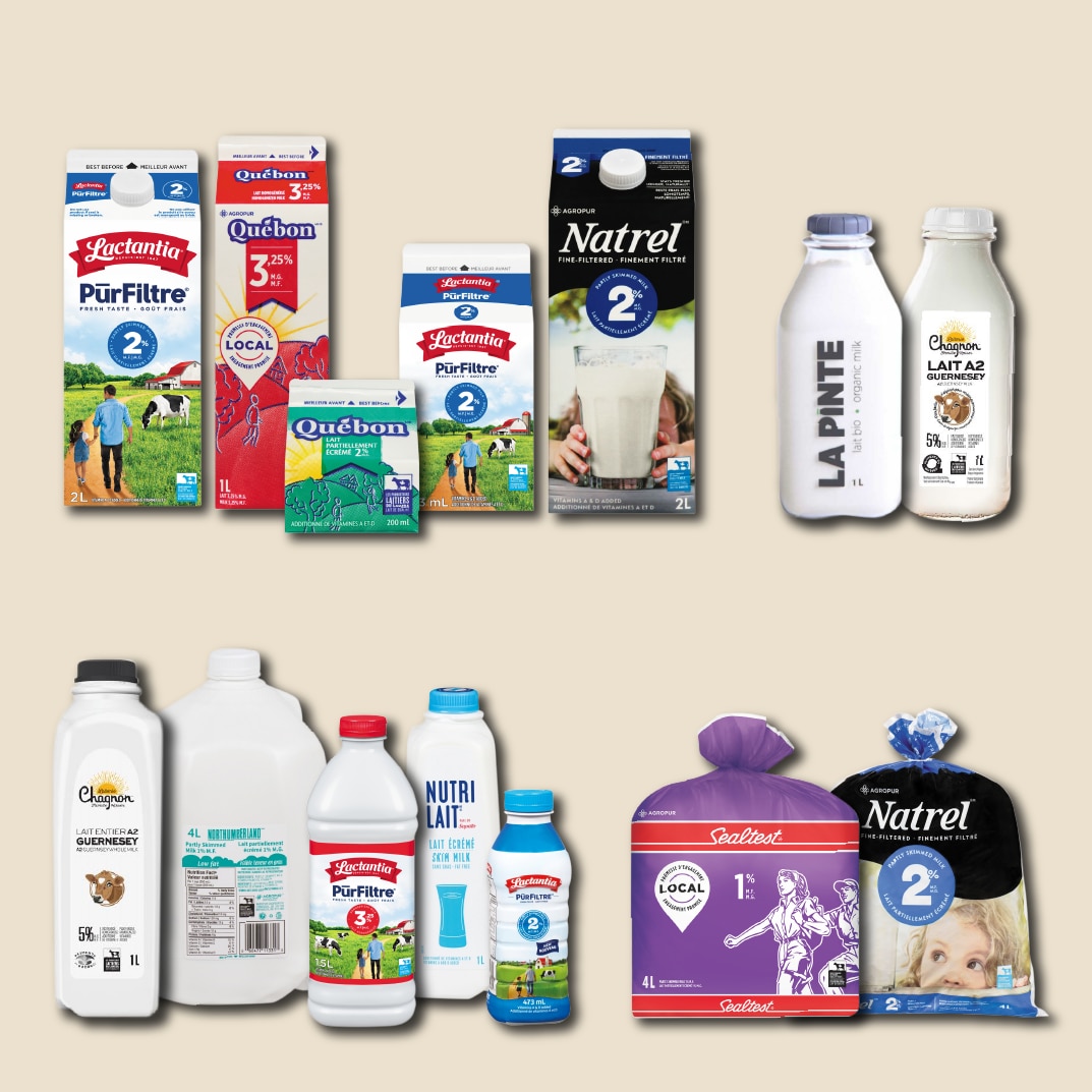 Un montage de plusieurs contenants de lait de différents formats.