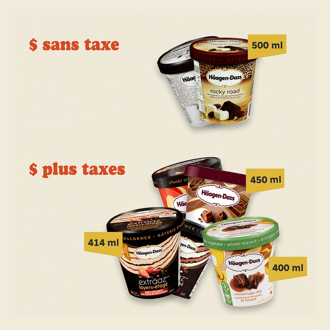 Un montage de plusieurs contenants de crème glacée de différents formats.