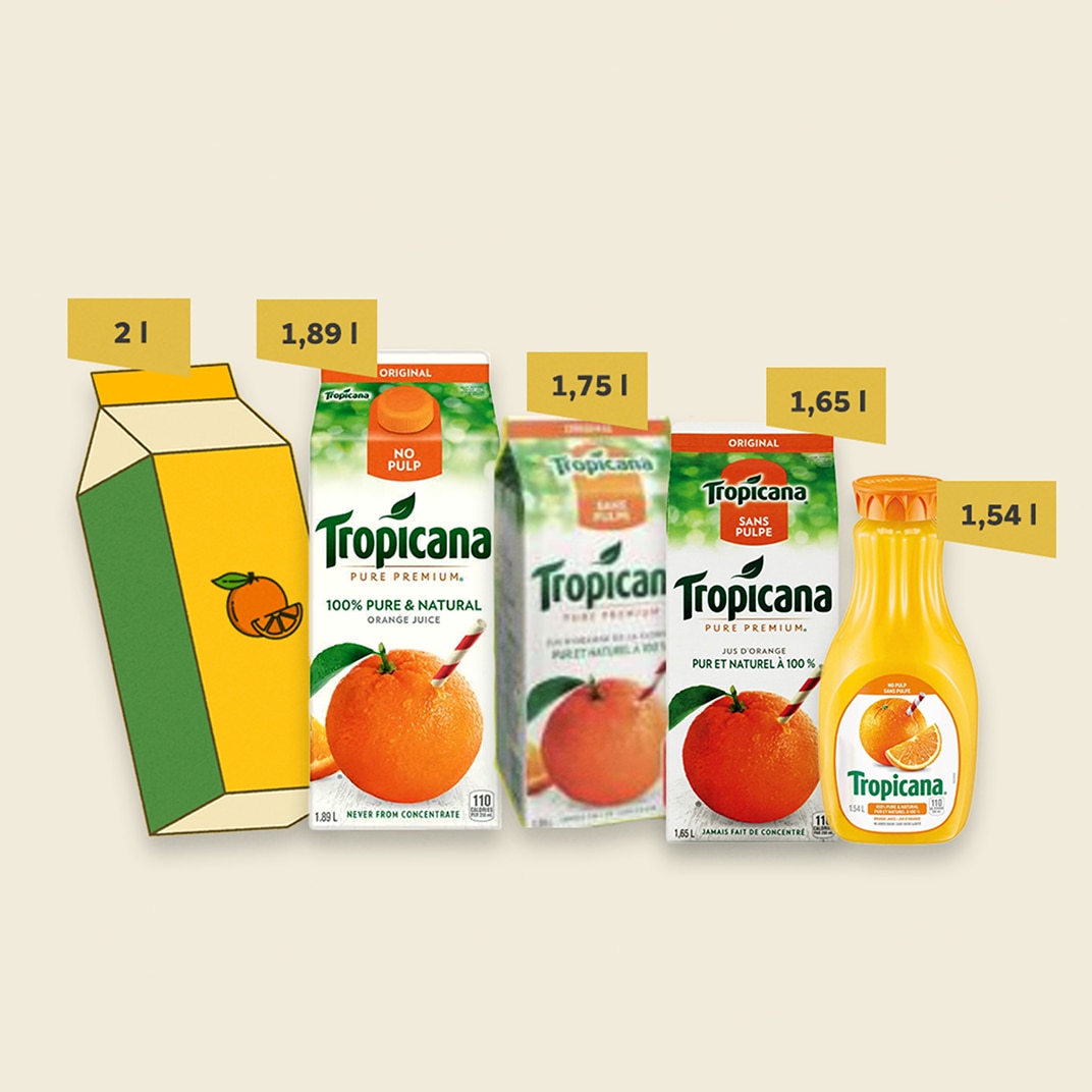 Un montage de différents contenants de jus d’orange au fil du temps.