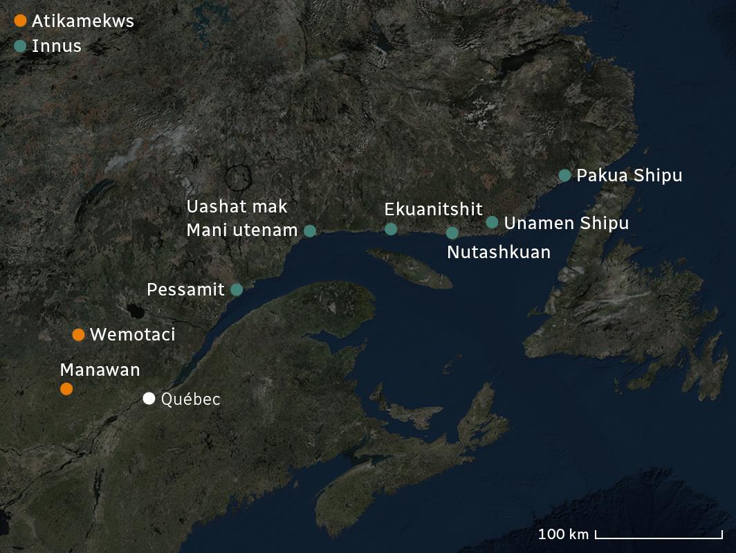 Carte identifiant deux communautés atikamekws et six communautés innues