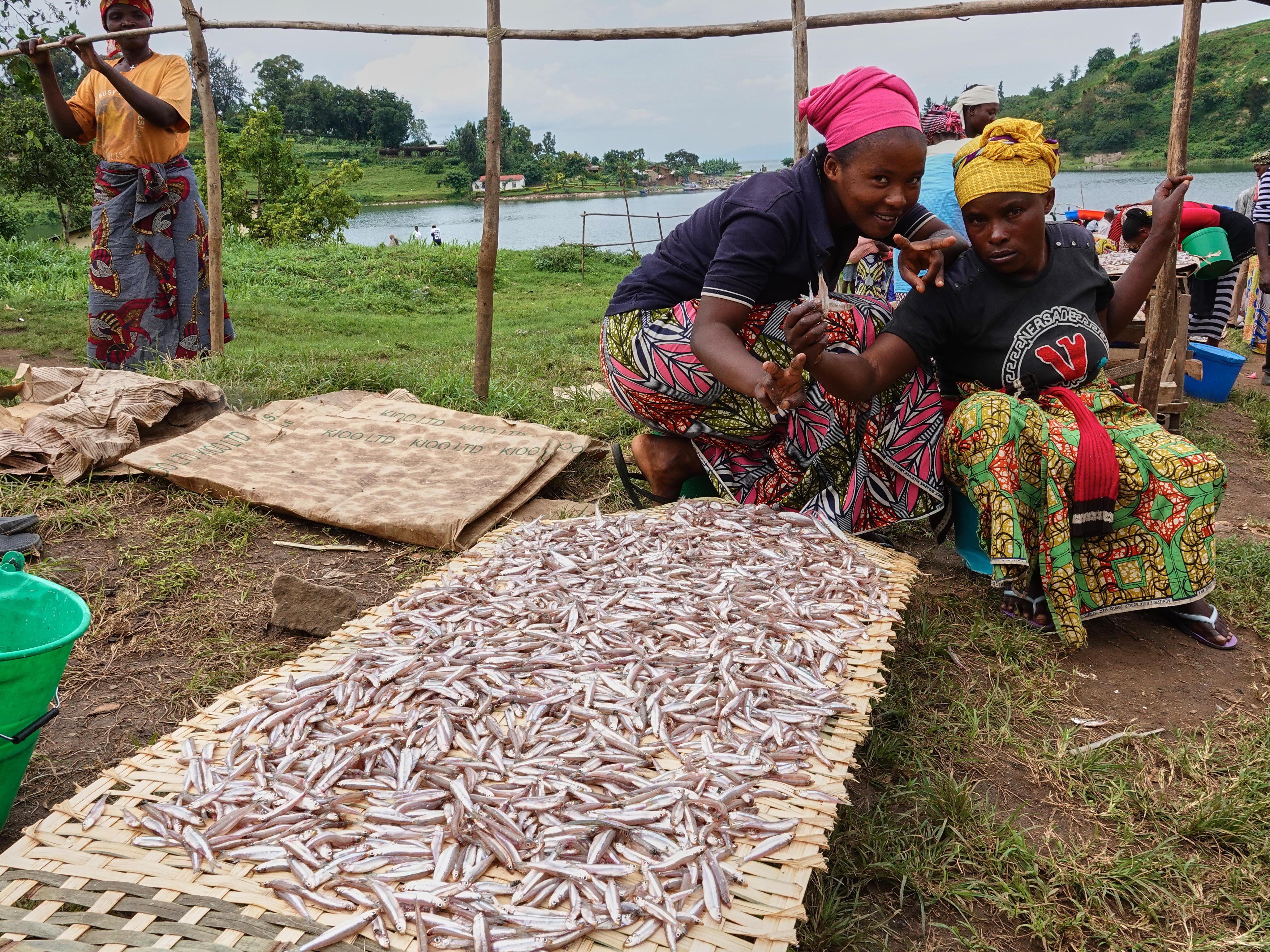 Des commerçants près d’un étal de poissons.