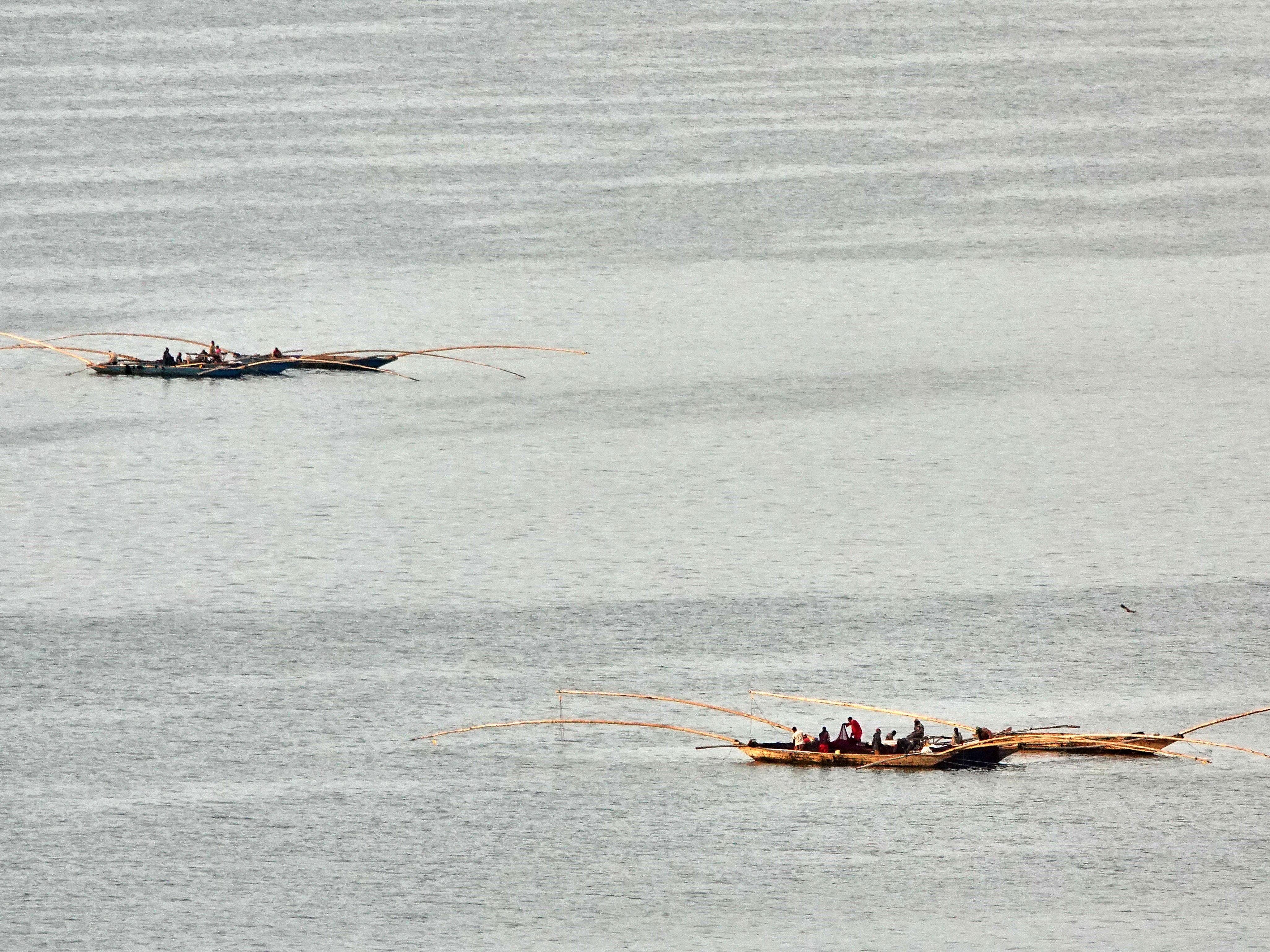 Plusieurs pirogues sur un lac.