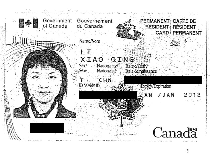 Carte de résident permanent de Xiao Qing Li