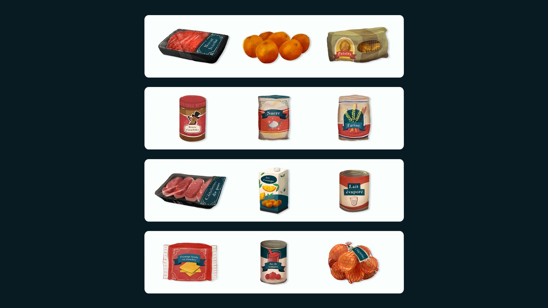 Une série d’illustrations présentant les différents aliments nommés dans la question.