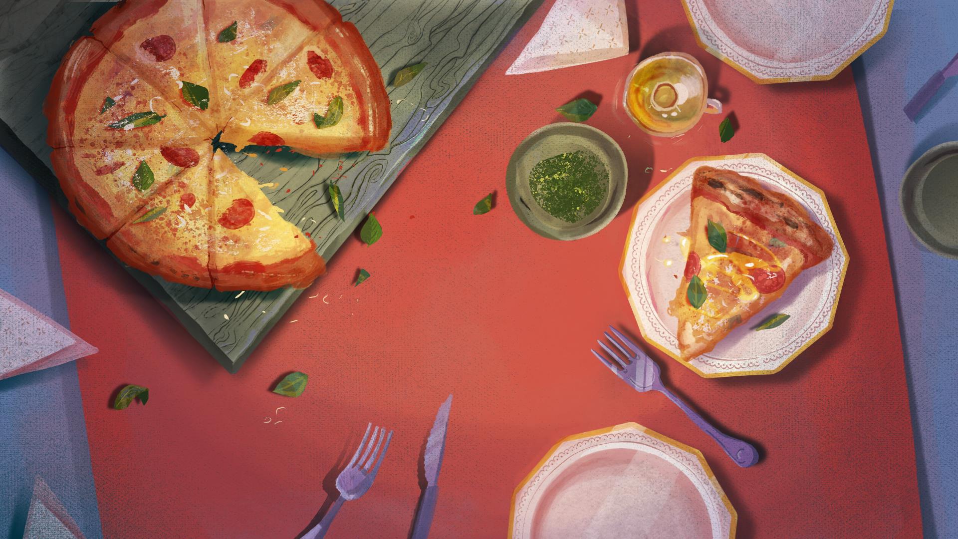 Une pizza est posée sur une table recouverte d’une nappe rouge.