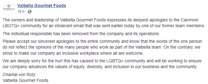 Canmore gourmet business dumps president who sent transphobic