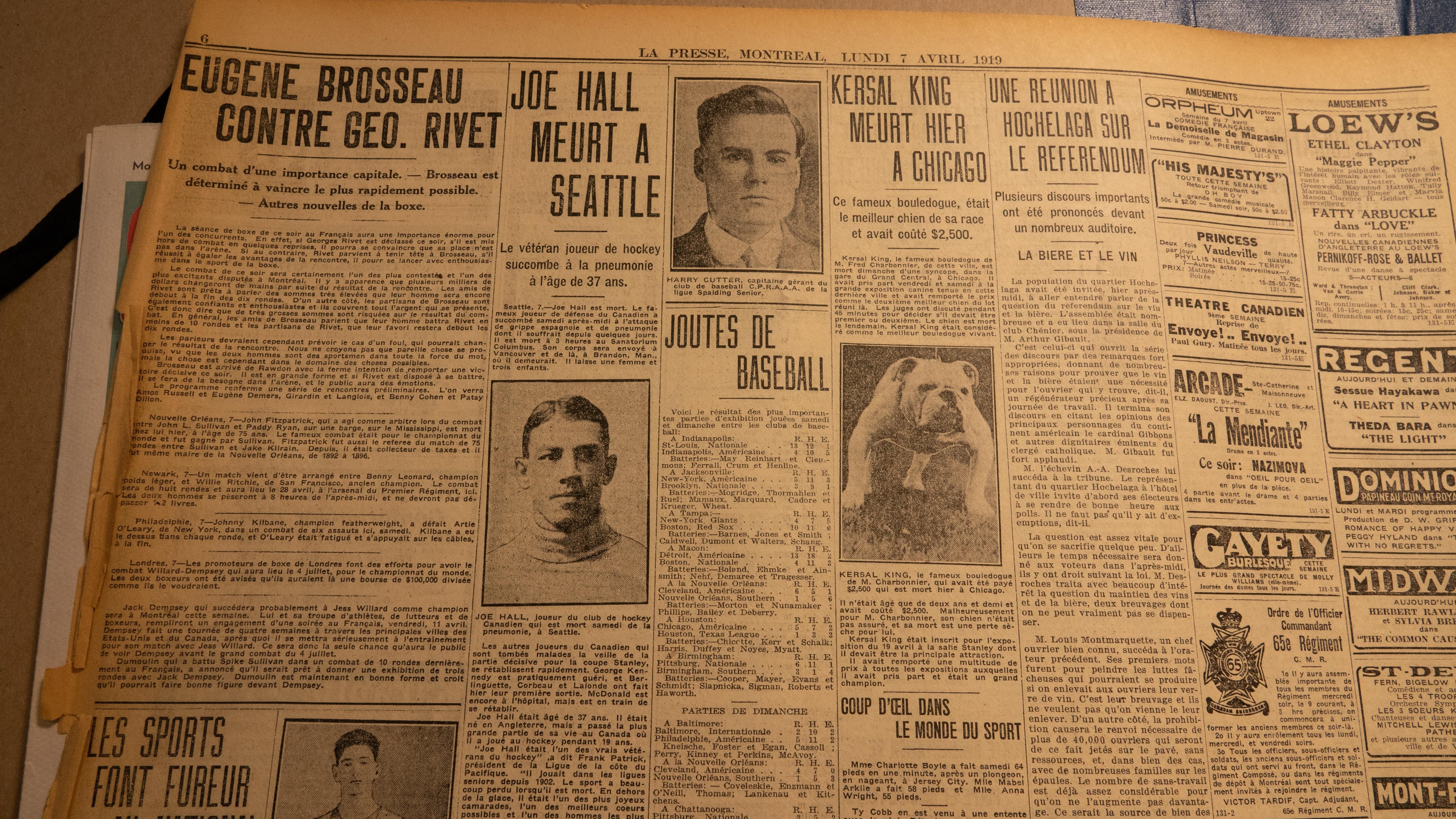 La Presse annonce la mort de Joe Hall le 7 avril 1919. Photo : Radio-Canada/Martin Thibault