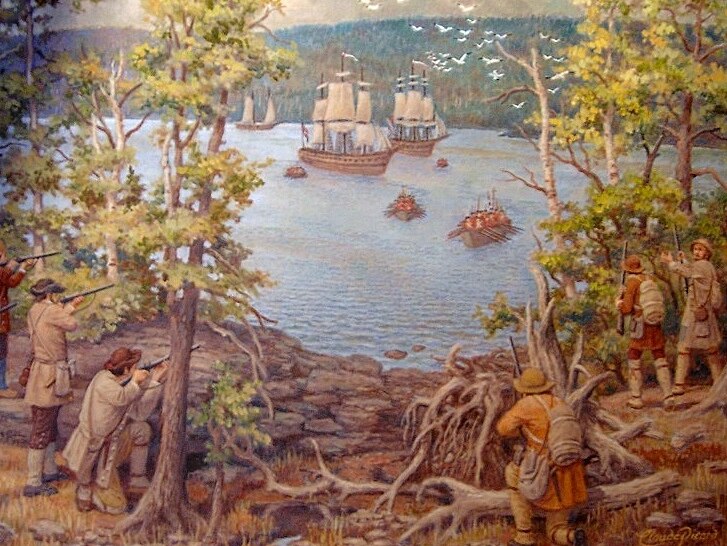 Cette peinture de Claude Picard illustre la bataille de la Ristigouche durant laquelle les Acadiens de la Petite-Rochelle ont pris les armes contre les Britanniques