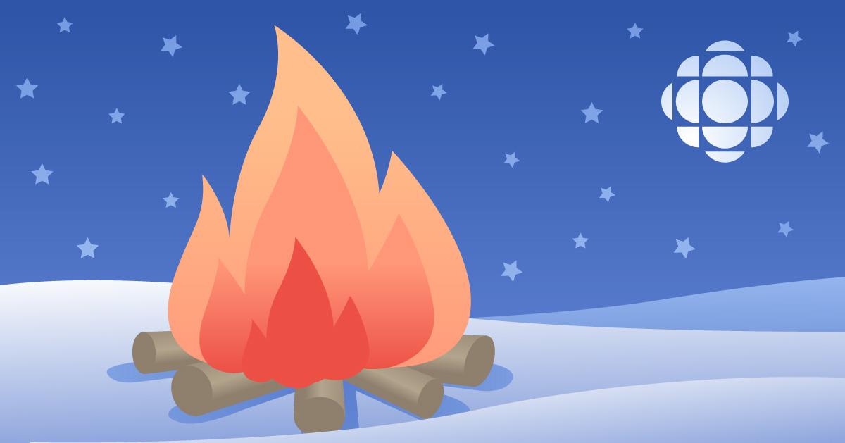 Illustration d'un feu de camp sur la neige, avec en arrière-plan un ciel étoilée.