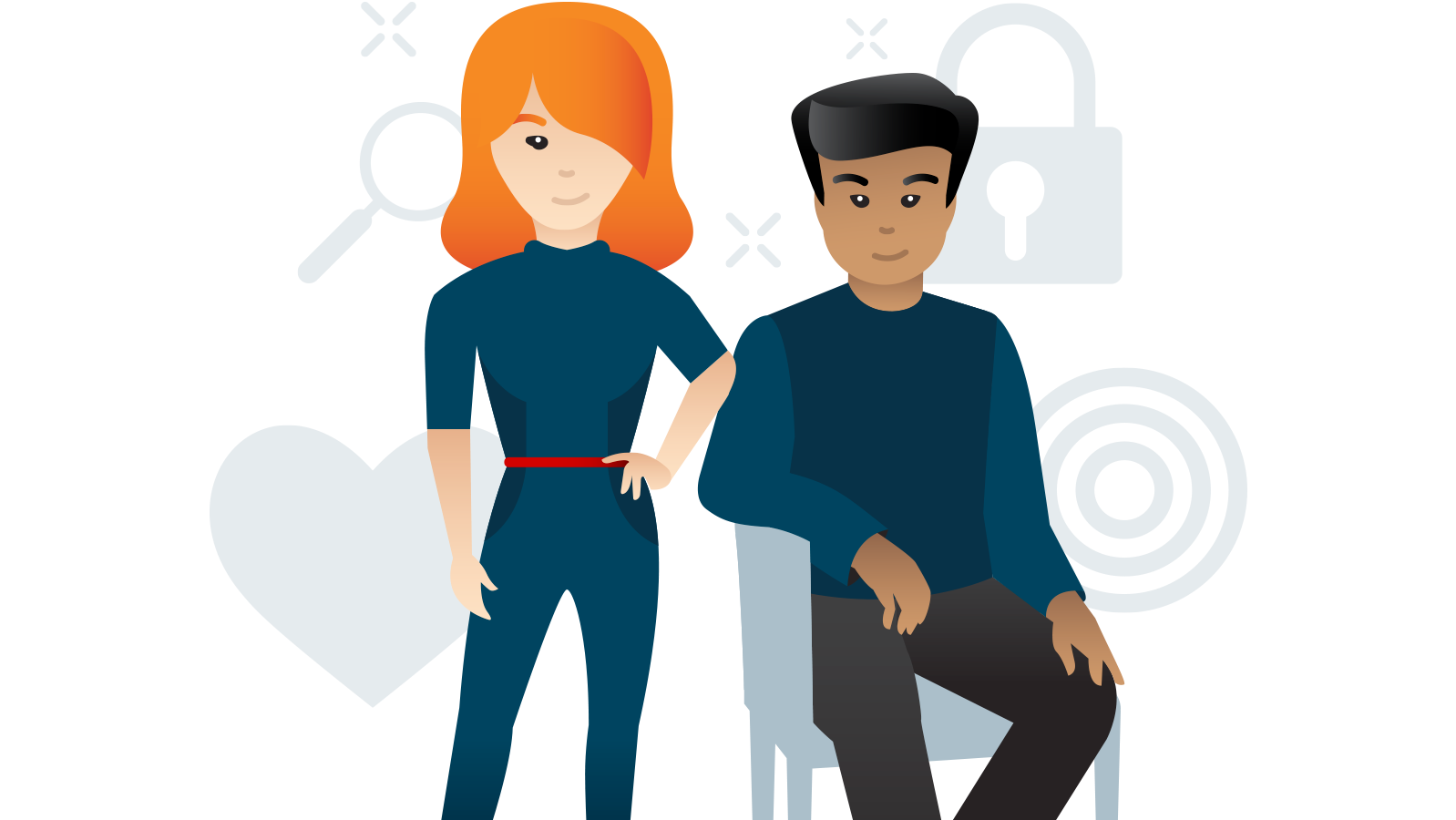 Illustration d'une femme debout et d'un homme assis entouré d'icônes