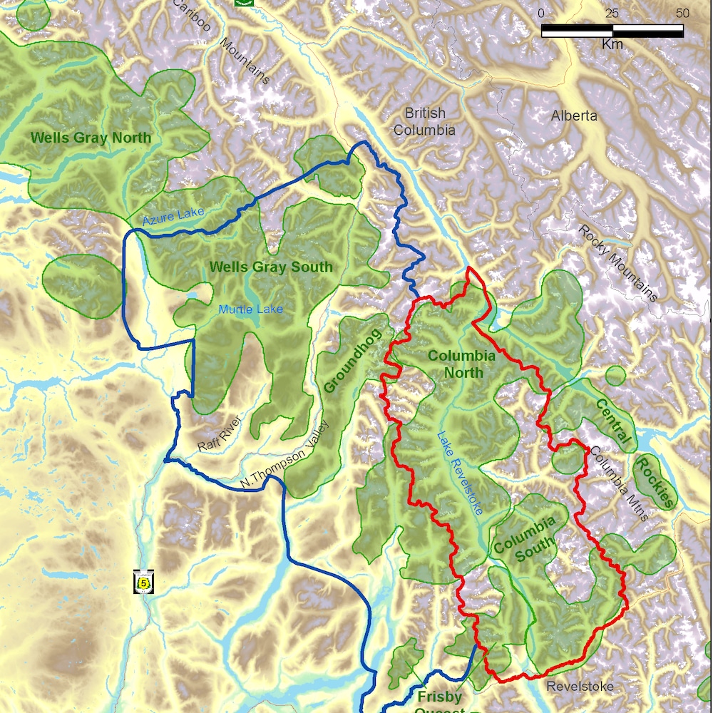 Carte des montagnes Columbia en Colombie-Britannique Carte des montagnes Columbia en Colombie-Britannique