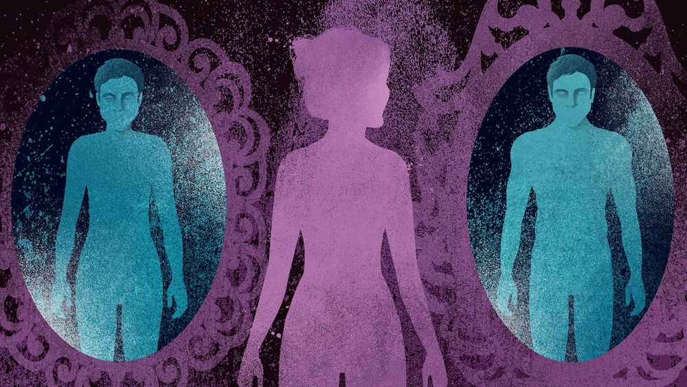 On voit une silhouette féminine de dos qui est face à deux miroirs où apparaissent deux autres silhouettes.