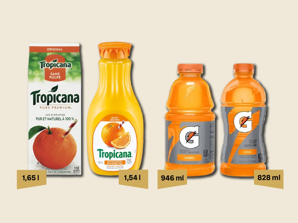 Du jus d’orange Tropicana et du Gatorade, dans leurs formats d’avant et de maintenant.