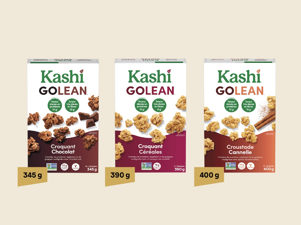 Des céréales de marque Kashi Go Lean, pesant 345&nbsp;g, 390&nbsp;g et 400&nbsp;g.