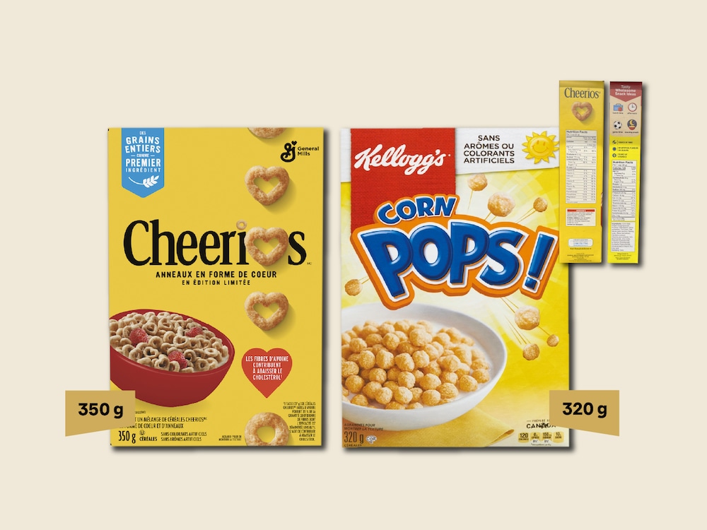 Des céréales de marque Cheerios et Corn Pops!, de face et de profil.