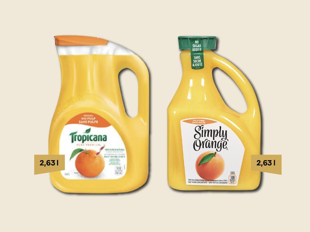 Des contenants de jus d'orange de marque Tropicana et Simply Orange.