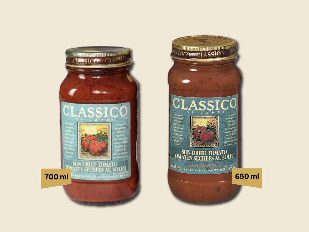 Deux pots de marque Classico, dans leurs formats d’avant et d’après.