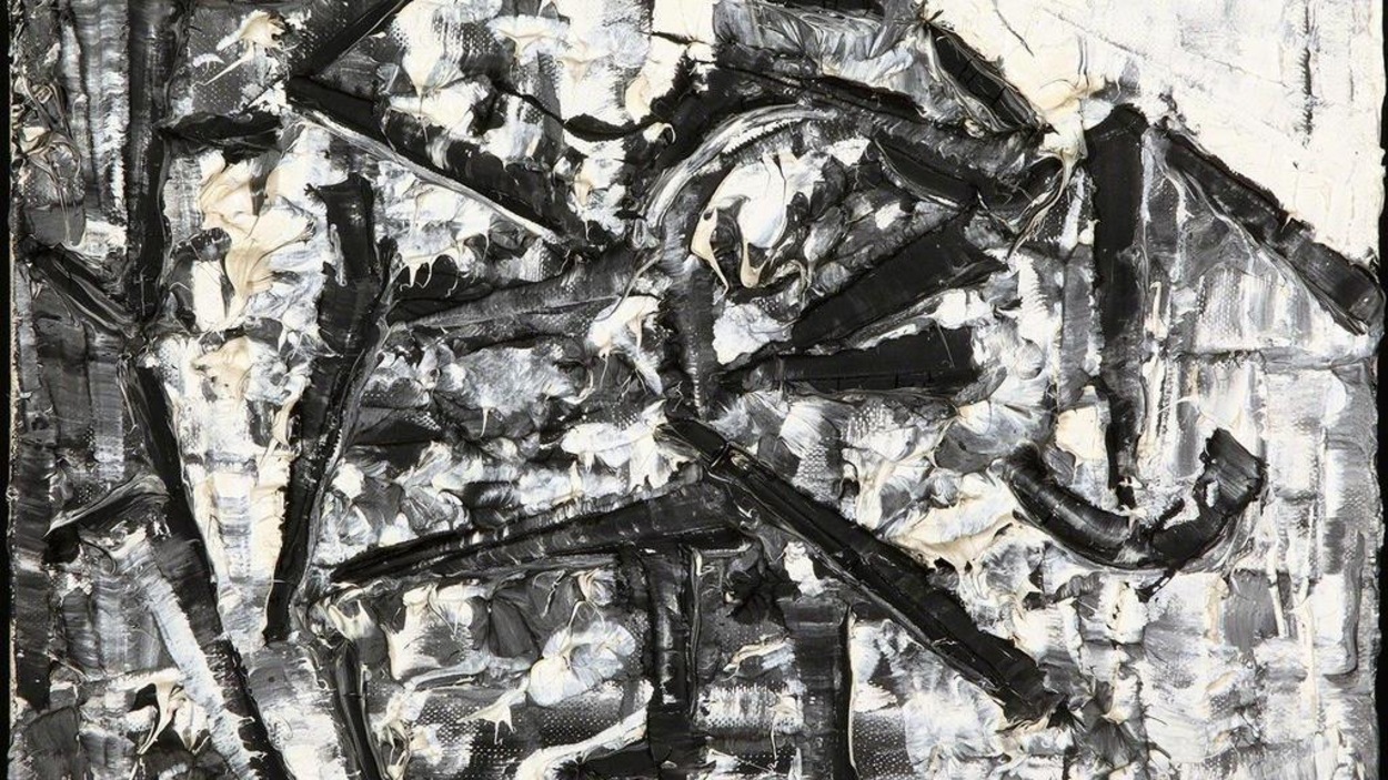 Oeuvre sans titre de la série Iceberg (1977), de Jean-Paul Riopelle. Paysage abstrait en noir et blanc et teintes de gris, huile sur toile. Oeuvre sans titre de la série Iceberg (1977), de Jean-Paul Riopelle. Paysage abstrait en noir et blanc et teintes de gris, huile sur toile.