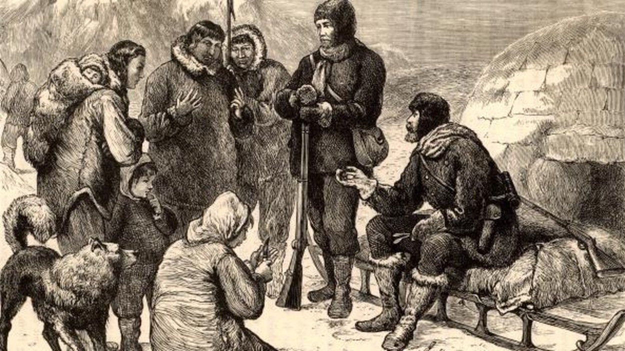 Gravure reproduisant une scène où des blancs rencontre des Inuits dans le Grand Nord. Gravure reproduisant une scène où des blancs rencontre des Inuits dans le Grand Nord.