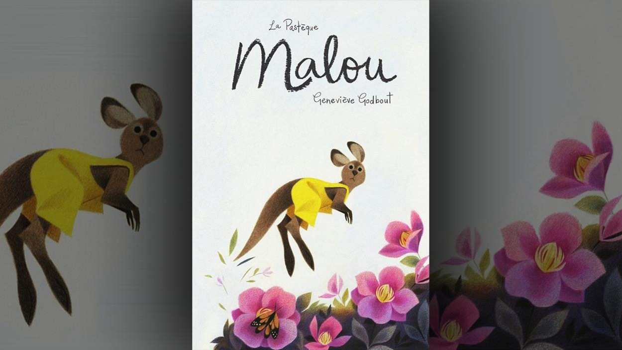 Sur la couverture du livre <i>Malou</i>, de Geneviève Godbout, est illustré un kangourou vêtu d'un vêtement jaune. Au premier plan, des fleurs Sur la couverture du livre <i>Malou</i>, de Geneviève Godbout, est illustré un kangourou vêtu d'un vêtement jaune. Au premier plan, des fleurs