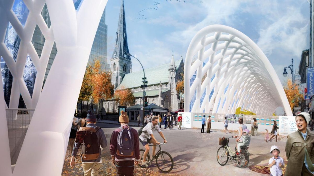 Proposition lauréate de la firme Kanva pour la mise en valeur du chantier de la rue Sainte-Catherine Ouest. Proposition lauréate de la firme Kanva pour la mise en valeur du chantier de la rue Sainte-Catherine Ouest.