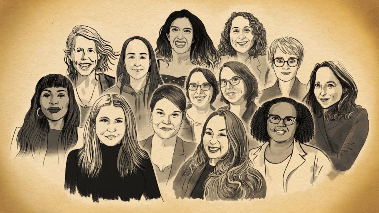 Un dessin présentant 13 femmes regroupées. 