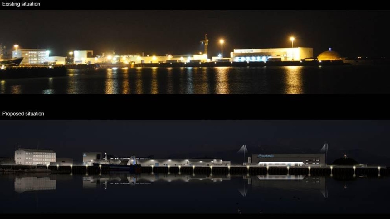 Un exemple d'éclairage mieux adapté à l'hiver : la compagnie Verkis en Islande souhaite remplacer l'éclairage assez agressant près du vieux port de Reykjavik (image du haut) pour quelque chose de plus tamisé et agréable pour les piétons le soir (image du bas). Un exemple d'éclairage mieux adapté à l'hiver : la compagnie Verkis en Islande souhaite remplacer l'éclairage assez agressant près du vieux port de Reykjavik (image du haut) pour quelque chose de plus tamisé et agréable pour les piétons le soir (image du bas).