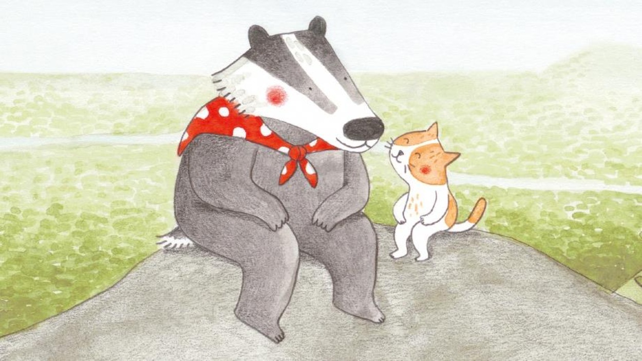 Détail de la couverture du livre Le chemin de la montagne, de Marianne Dubuc : illustration représentant un blaireau et un chat assis sur une roche Détail de la couverture du livre Le chemin de la montagne, de Marianne Dubuc : illustration représentant un blaireau et un chat assis sur une roche