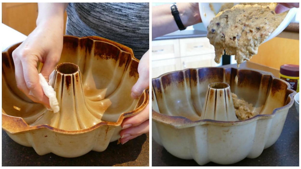 Graisser le moule à gâteau et verser le mélange Graisser le moule à gâteau et verser le mélange