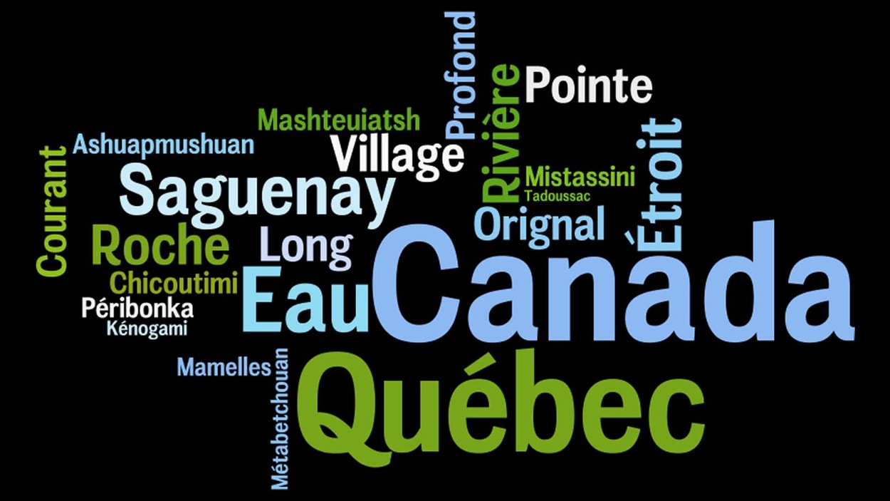 Les noms de lieux comme Canada, Québec, Chicoutimi et Saguenay et leur signification village, étroit et profond parsemés sur une image. Les noms de lieux comme Canada, Québec, Chicoutimi et Saguenay et leur signification village, étroit et profond parsemés sur une image.