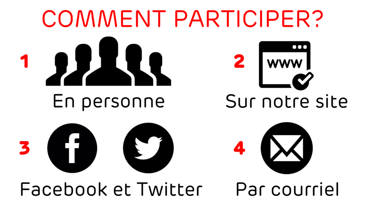 En personne, sur notre site Web, Facebook, Twitter et par courriel En personne, sur notre site Web, Facebook, Twitter et par courriel