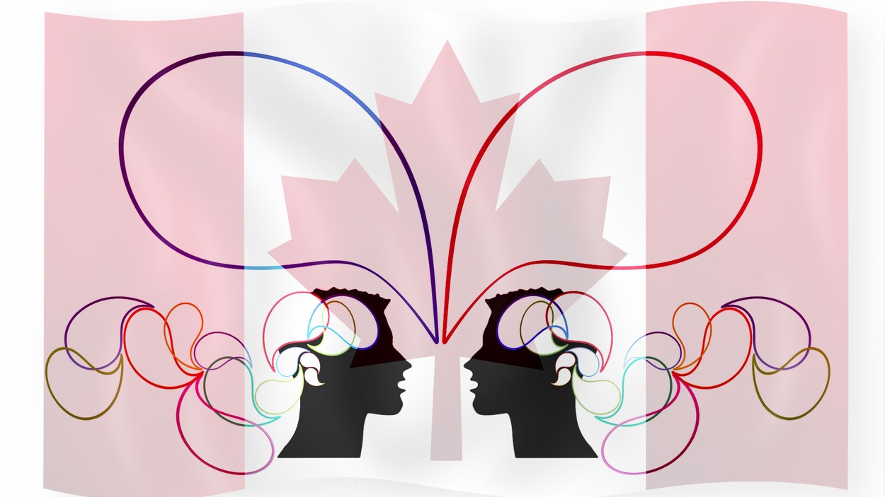 Sur un fond de drapeau canadien, image de 2 têtes d'où émanent des bulles de différentes couleur représentant les francophones canadiens. Le Canada français : réalité dépassée ou projet à redéfinir? Sur un fond de drapeau canadien, image de 2 têtes d'où émanent des bulles de différentes couleur représentant les francophones canadiens. Le Canada français : réalité dépassée ou projet à redéfinir?
