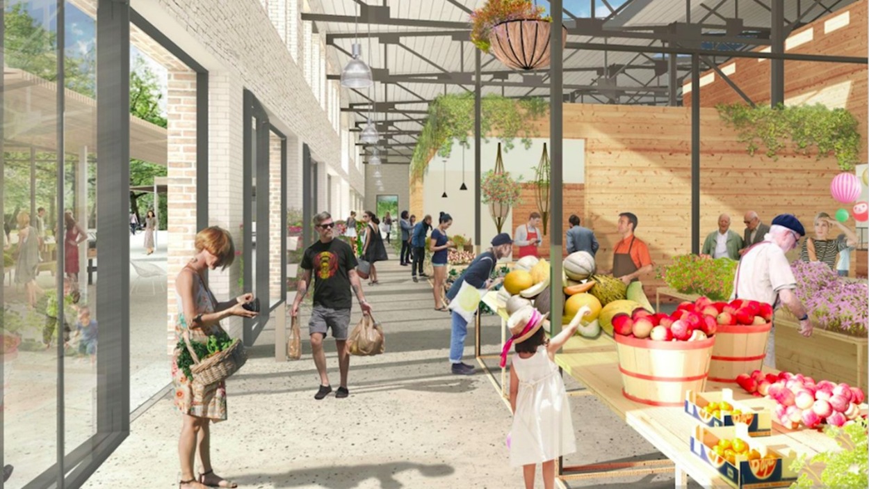 Vue des étals saisonniers intérieurs qui longeront la façade sud du Grand marché de Québec Vue des étals saisonniers intérieurs qui longeront la façade sud du Grand marché de Québec