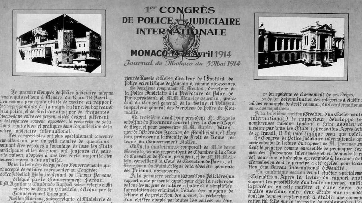 Photo d'un journal en noir et blanc intitulé Premier congrès de police judiciaire internationale. Photo d'un journal en noir et blanc intitulé Premier congrès de police judiciaire internationale.