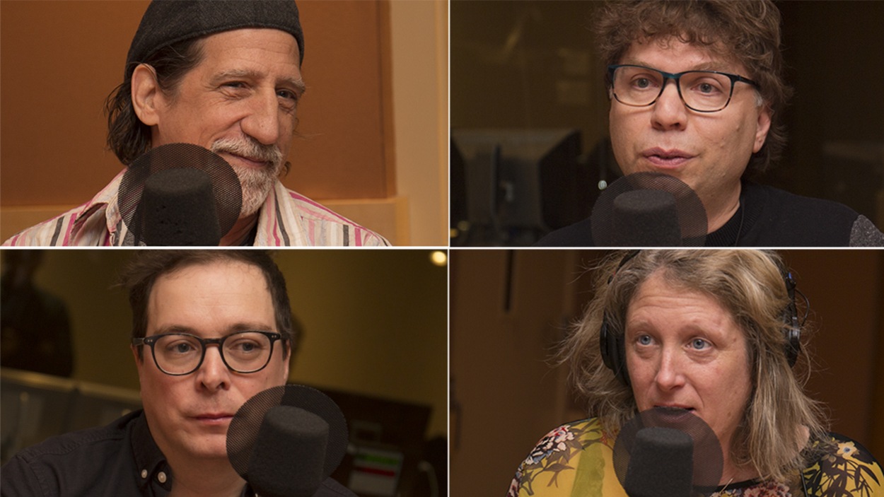 Ati Dion, Martin Geoffroy, Raphaël Bélanger et Émilie Dubreuil répondent aux questions d'Isabelle Craig au studio 18 de Radio-Canada, à Montréal, le 16 avril 2018. Ati Dion, Martin Geoffroy, Raphaël Bélanger et Émilie Dubreuil répondent aux questions d'Isabelle Craig au studio 18 de Radio-Canada, à Montréal, le 16 avril 2018.