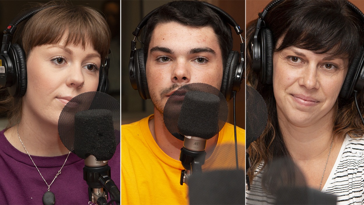 Camille, Miguel et Marie-Anne Sergerie au studio 18 de Radio-Canada, à Montréal, le 10 septembre 2018. Camille, Miguel et Marie-Anne Sergerie au studio 18 de Radio-Canada, à Montréal, le 10 septembre 2018.
