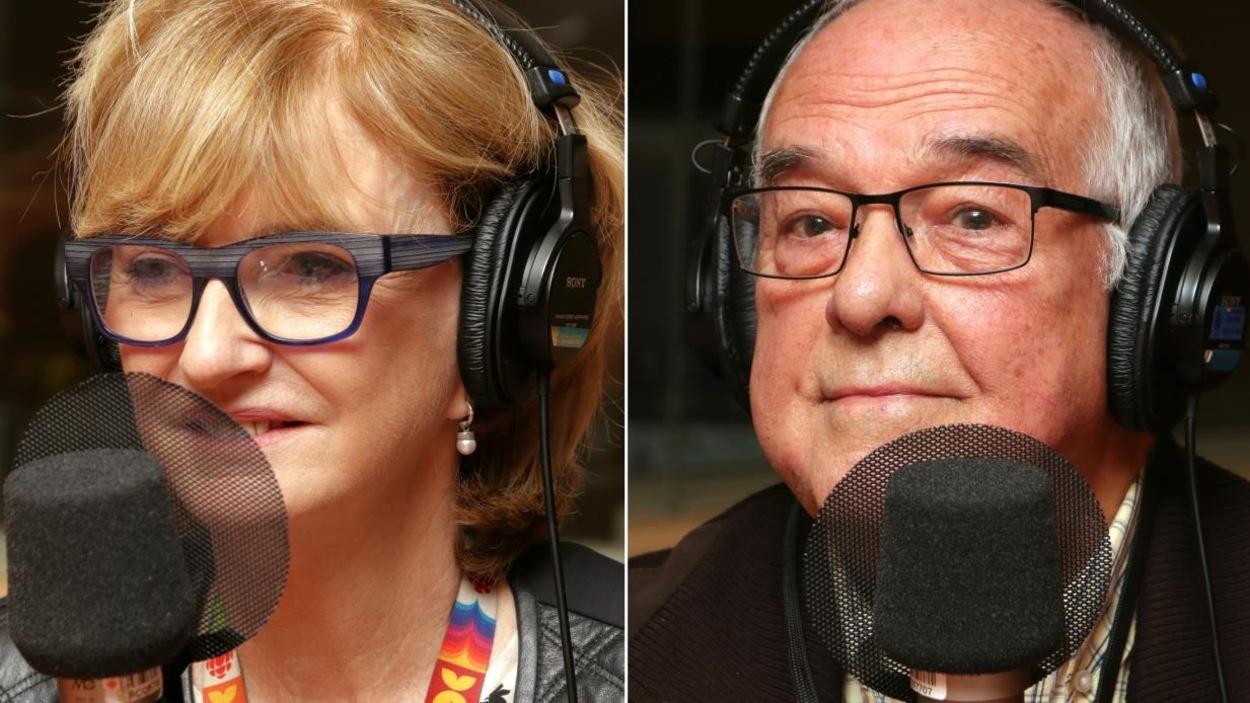 Photo d'Anne-Marie Dussault et Jacques Moisan devant un micro de radio. Photo d'Anne-Marie Dussault et Jacques Moisan devant un micro de radio.